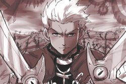  1boy aegislash archer_(fate) doublade dual_wielding fate/stay_night fate_(series) field_of_blades fighting_stance highres holding holding_sword holding_weapon honedge jillbazone male_focus multiple_swords multiple_weapons planted planted_sword pokemon pokemon_(creature) solo spiky_hair sword too_many_weapons unlimited_blade_works_(reality_marble) weapon 