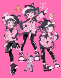  1girl baseball_cap black_hair black_hat black_pants black_shoes chicken_nuggets closed_mouth commentary_request food french_fries full_body hat heart heart-shaped_pupils highres jacket long_hair looking_at_viewer mcdonald's multicolored_hair musical_note one_eye_closed open_mouth pants pink_eyes pink_hair pink_jacket pink_nails shoes simple_background sneakers spoken_musical_note standing stuffed_animal stuffed_toy symbol-shaped_pupils tongue tongue_out uekura_eku v 