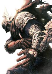  1boy absurdres ala-sys121 arm_mounted_weapon armor bloom blue_surcoat cape cloak elden_ring elden_ring_nightreign embroidery from_side fromsoftware gloves helmet highres incoming_attack knight ornate_armor ornate_clothes painterly scale_armor shoulder_armor simple_background torn_cloak torn_clothes weapon white_background winged_helmet wylder_(elden_ring) 