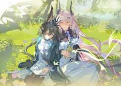  2girls absurdres amiya_(arknights) amiya_(medic)_(arknights) animal_ears arknights black_horns black_pantyhose black_shoes book bouquet brown_hair closed_eyes closed_mouth commentary day demon_horns dress flower gepinaibao grass hair_between_eyes highres holding holding_bouquet horns leaning_on_person long_hair long_sleeves multiple_girls open_book outdoors pantyhose pink_eyes pink_flower pink_hair rabbit_ears rabbit_girl shoes sitting sleeping sleeping_on_person sleeping_upright smile symbol-only_commentary theresa_(arknights) very_long_hair white_dress white_flower yellow_flower 