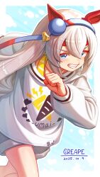  1girl animal_ears blue_eyes blue_hairband blush carrot_print commentary_request creape ear_covers food_print grey_hair grey_shorts grin hair_between_eyes hairband headband heart heart_print highres horse_ears horse_girl long_hair long_sleeves multicolored_hairband open_mouth red_headband shirt shorts smile solo striped_clothes striped_hairband sweater tamamo_cross_(casual)_(umamusume) tamamo_cross_(umamusume) teeth two-tone_hairband umamusume white_shirt white_sweater 