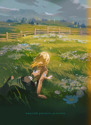  1girl blonde_hair blue_flower boots brown_boots brown_jacket clouds cloudy_sky cropped_jacket emmmerald english_text facing_away falling_petals feet_out_of_frame fence flower from_behind highres jacket krista_lenz long_hair military_jacket on_ground outdoors pants petals shingeki_no_kyojin shirt sky solo survey_corps_(emblem) white_flower white_pants white_shirt 