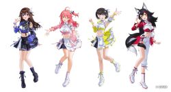  4girls ahoge animal_ears asymmetrical_clothes asymmetrical_sleeves black_hair black_shirt black_skirt blue_eyes boots brown_hair collared_shirt color-coded commentary_request copyright_name cropped_shirt detached_sleeves double-parted_bangs flipped_hair full_body green_eyes hair_flaps hair_ornament hairclip highres hololive hololive_idol_uniform_(color_rise) kaoruko_(unkrk55) lace-up_boots long_hair looking_at_viewer low-tied_long_hair midriff miniskirt mismatched_sleeves multicolored_shirt multiple_girls navel official_alternate_costume official_art one_side_up ookami_mio oozora_subaru pants pink_hair platform_boots puffy_detached_sleeves puffy_short_sleeves puffy_sleeves red_streaks sakura_miko shirt short_hair short_sleeves sidelocks simple_background single_detached_sleeve single_hair_streak single_pantsleg single_sleeve skirt standing swept_bangs tail tail_around_own_leg tokino_sora very_long_hair virtual_youtuber white_background white_hair white_pants white_shirt white_skirt wolf_ears wolf_girl wolf_tail x_hair_ornament yellow_eyes 
