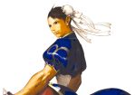  bracelet bun_cover bust capcom china_dress chinese_clothes chun-li double_bun double_buns earrings highres jewelry nona official_art pantyhose sash solo spiked_bracelet spikes street_fighter streetfighter svc_chaos 