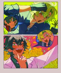  2boys :< :o ;d ahoge alternate_eye_color artist_name backlighting black_border black_gloves black_hair black_shirt blush body_switch border brown_eyes cocked_eyebrow collared_shirt colored_eyelashes commentary cross cross_necklace curtained_hair earrings english_commentary fangs flower gloves green_eyes grey_background hair_between_eyes headphones headphones_around_neck heterochromia highres holding holding_plant hot hypnosis_mic hypnosis_mic:_alternative_rap_battle inset_border izanami_hifumi jacket jewelry kermitrolling looking_ahead looking_at_viewer male_focus mole mole_under_eye multiple_boys necklace necktie official_alternate_costume one_eye_closed open_mouth outside_border outstretched_arm parted_bangs personality_switch petals piercing_hole pink_background plant portrait raised_eyebrows red_eyes rose saturated_background shirt short_hair silver_necklace silver_ring sleeves_rolled_up smile sparkle spoken_character suit_jacket sweat thick_eyebrows weeding white_jacket white_necktie wiping_sweat work_gloves yamada_ichiro yellow_background yellow_flower yellow_petals yellow_rose 