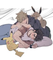  2boys black_shirt blue_oak blue_pants blush brown_eyes closed_eyes commentary_request crew_neck denim eevee green_pants highres jeans looking_at_another looking_to_the_side lying male_focus multiple_boys on_person on_side one_eye_closed pants parted_bangs pikachu pillow pk_rgr96 pokemon pokemon_(creature) pokemon_sm raglan_sleeves red_(pokemon) shirt sideways_glance sleeping t-shirt 