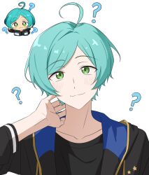  1boy ? ahoge black_shirt blue_hair closed_mouth derivative_work ensemble_stars! green_eyes hand_up highres hood hood_down hooded_jacket jacket lat_(latttttt_) long_sleeves looking_at_viewer male_focus parted_bangs protected_link reference_inset shinkai_kanata shirt short_hair simple_background smile star_(symbol) upper_body white_background 