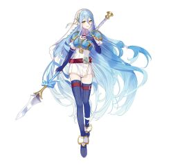  1girl armor azura_(fire_emblem) azura_(lady_of_the_sky)_(fire_emblem) blue_boots blue_gloves blue_hair blush boots breastplate breasts dress elbow_gloves fingerless_gloves fire_emblem fire_emblem_fates fire_emblem_heroes full_body gloves hair_between_eyes holding holding_polearm holding_weapon lance long_hair looking_at_viewer official_alternate_costume official_art open_mouth polearm saine short_sleeves shoulder_armor simple_background smile solo thigh_boots thigh_strap third-party_source veil very_long_hair weapon white_background white_dress yellow_eyes 