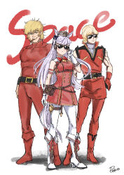  1girl 2boys absurdres anklet armband armlet artist_name aviator_sunglasses belt belt_buckle black_armband blonde_hair blush boots bracelet breasts buckle buttons char_aznable cigar clenched_hands cobra_(space_adventure_cobra) colored_eyelashes crossover expressionless gloves gold_ship_(red_strife)_(umamusume) gold_ship_(umamusume) grey_shirt gundam hand_on_own_hip hands_on_own_face highres horse_girl horse_tail jacket jewelry jumpsuit light_blush long_hair medium_breasts multiple_boys multiple_bracelets muscular muscular_male pants poko_(user_rjdg5478) pouch quattro_bajeena red_boots red_gloves red_jacket red_jumpsuit red_pants red_shirt red_shoes red_skirt serious shadow shirt shoes short_sleeves shoulder_pads signature simple_background skirt sleeveless space space_adventure_cobra space_print standing starry_sky_print sunglasses tail thighlet twitter_username umamusume white_background white_boots white_pants white_shoes zeta_gundam 