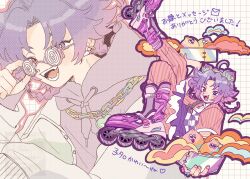  18trip 1boy adjusting_eyewear ahoge bowl braid chain chain_necklace chokki_01 coke-bottle_glasses commentary earrings full_body glasses grid_background headband heterochromia highres holding holding_bowl hood hoodie inline_skates jewelry leg_up long_sleeves looking_at_viewer male_focus multiple_views necklace open_mouth pants parted_bangs pink_pants pink_shirt purple_hair purple_hoodie roller_skates shirt skates smile striped_clothes striped_pants striped_shirt twin_braids upper_body vertical-striped_clothes vertical-striped_pants vertical-striped_shirt yowa_netaro 
