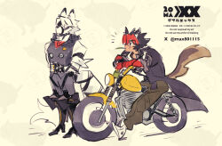  2boys animal_ear_fluff animal_ears arm_behind_back bandaged_arm bandages black_hair black_jacket body_fur brown_pants brown_tail collared_vest colored_tips commentary_request dog_boy dog_ears dog_tail full_body furry furry_male furry_with_non-furry grey_vest hair_between_eyes interspecies jacket komano_manato leaf_in_mouth looking_at_another male_focus max801115 motor_vehicle motorcycle multicolored_hair multiple_boys muzzle_(mask) notice_lines on_motorcycle pants prosthesis prosthetic_leg red_bandage red_hair scar scar_on_face shirt shoes short_hair standing tail tail_belt twitter_username vest von_lycaon white_fur white_hair white_shirt white_shoes wolf_boy wolf_ears wolf_tail zenless_zone_zero 