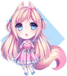  1girl :o animal_ear_fluff animal_ears artist_name blonde_hair blue_background blue_bow blue_eyes blue_shoes blush border bow breasts commentary commission dress english_commentary facing_viewer frilled_dress frills full_body green_ribbon hair_bow hands_up highres index_fingers_together long_hair long_sleeves looking_to_the_side medium_dress open_mouth original outline outside_border pink_dress pink_tail pinstripe_thighhighs polka_dot polka_dot_dress ribbon sasucchi95 shoes sidelocks simple_background small_breasts solo sparkle sparkling_eyes standing straight-on tail tareme thigh-highs tongue transparent_border two-tone_tail two_side_up very_long_hair white_outline white_thighhighs wolf_ears wolf_girl wolf_tail yellow_tail zettai_ryouiki 