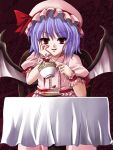  blue_hair cake cup dress food hayami_kyuuen pastry remilia_scarlet tea_cup teacup touhou wings 