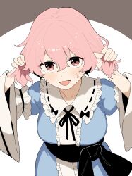  1girl absurdres black_ribbon blue_kimono blush breasts bunching_hair collarbone commentary frilled_kimono frills hands_in_own_hair highres japanese_clothes kapuri_(capuriwa) kimono large_breasts long_sleeves looking_at_viewer neck_ribbon no_headwear open_mouth pink_eyes pink_hair ribbon saigyouji_yuyuko sleeve_garter smile sweatdrop touhou wide_sleeves 