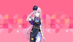  1girl blue_dress blue_hat bow bowtie closed_mouth colorful_palette crescent dress game_cg gloves hair_between_eyes hat highres leo/need_luka live_with_memories_(project_sekai) long_hair looking_at_viewer megurine_luka official_alternate_costume official_art pink_background pink_hair project_sekai smile solo star_(symbol) third-party_source triangle very_long_hair violet_eyes vocaloid white_gloves 