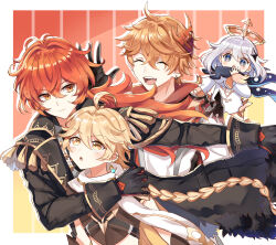  1girl 3boys absurdres aether_(genshin_impact) ahoge black_gloves blonde_hair blue_eyes braid closed_eyes closed_mouth diluc_(genshin_impact) earrings flying genshin_impact gloves halo highres jacket jewelry long_hair long_sleeves male_focus multiple_boys niu_xing open_mouth orange_hair paimon_(genshin_impact) red_eyes red_hair side_ponytail single_braid tartaglia_(genshin_impact) teeth white_hair yellow_eyes 