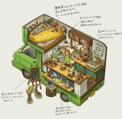  1girl absurdly_detailed_composition absurdres air_conditioner ari_(anriko) bag barista beanie book brown_hair cafe car closed_mouth coat coffee coffee_grinder coffee_maker coffee_pot coffee_siphon commentary_request counter cup disposable_cup dollhouse_view earflap_beanie floorplan frying_pan green_car green_coat grey_background hair_brush hat highres holding holding_kettle hood hood_down hooded_coat kettle lamp loaded_interior looking_at_object menu_board motor_vehicle motorhome on_tree_stump original picture_frame pom_pom_(clothes) pom_pom_beanie rabbit raccoon radio recreational_vehicle saucer sink sleeping_bag smile sticker stool stove swept_bangs teacup translation_request tree_stump weighing_scale white_hat 