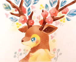  animal_focus blue_eyes blush bright_pupils colored_pencil_(medium) commentary_request no_humans painting_(medium) pokemon pokemon_(creature) sawsbuck sawsbuck_(spring) solo traditional_media watercolor_(medium) white_background white_pupils yukichi_0611 
