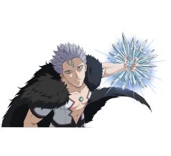  1boy absurdres black_cape black_clover black_clover_m:_rise_of_the_wizard_king bodysuit cape chest_jewel crystal forehead_jewel fur_cape gem green_gem grey_hair highres looking_at_viewer magic mars_(black_clover) non-web_source official_art pink_hair short_hair short_sleeves simple_background solo spiky_hair transparent_background white_bodysuit 