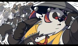  2boys adjusting_clothes adjusting_headwear afterimage animal_ears bear_boy bear_ears belly ben_bigger black_fur bracelet brown_fur closed_eyes coat commentary english_commentary fat fat_man furry furry_male highres imquitesleepy jewelry jujutsu_kaisen letterboxed male_focus meme motion_lines multicolored_fur multiple_boys naoya_hitting_choso_without_looking_(meme) notched_ear open_mouth pan_yinhu panda_boy panda_ears punching rapid_punches round_eyewear scar scar_across_eye scar_on_face scene_reference sharp_teeth spiked_bracelet spikes teeth white_background white_coat white_fur wok zenless_zone_zero 