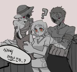  1girl 2boys ? bandaged_arm bandaged_torso bandages bandaid bandaid_on_arm bandaid_on_cheek bandaid_on_face bandaid_on_forehead closed_mouth collarbone commentary_request cowboy_shot crossed_arms earrings haramaki hat highres holding holding_map jewelry korean_commentary map miniskirt monkey_d._luffy multiple_boys nami_(one_piece) one_piece orange_eyes red_eyes roronoa_zoro scar scar_on_cheek scar_on_face serious shirt short_hair short_sleeves skirt spookeygoost spot_color straw_hat straw_hat_pirates v-neck 