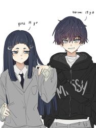  1boy 1girl aqua_eyes arm_at_side arms_at_sides black_hair black_hood black_jacket black_necktie black_sleeves blunt_bangs blunt_ends bright_pupils brother_and_sister character_age character_name chest_strap closed_mouth collared_shirt eyelashes fingernails genshin_impact gradient_hair grey_eyes grey_jacket grey_sleeves grin hair_ornament hairclip hand_on_own_hip hand_up hands_in_pockets highres hood hood_down hooded_jacket if_they_mated jacket jewelry lapels layered_sleeves light_blush long_hair long_sleeves looking_at_another looking_at_viewer mona_(genshin_impact) multicolored_hair necklace necktie original pink_hair ring_hair_ornament scaramouche_(genshin_impact) shirt short_eyebrows siblings smile teeth undershirt white_pupils white_shirt wing_collar ysnden 