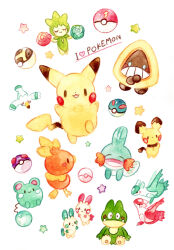  absurdres azurill colored_pencil_(medium) commentary_request dated english_text great_ball happy highres latias latios master_ball minun mudkip munchlax no_humans open_mouth painting_(medium) pichu pikachu plusle poke_ball pokemon pokemon_(creature) roselia_(pokemon) simple_background snorunt star_(symbol) torchic traditional_media ultra_ball watercolor_(medium) white_background wingull yukichi_0611 