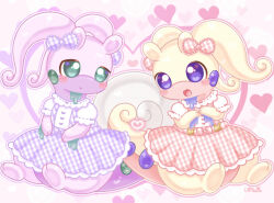 2girls alternate_color blush bow chibi chibi_only chibikemo clothed_pokemon colored_skin commentary_request dragon dragon_girl dragon_tail dress eye_contact furry furry_female gingham_bow gingham_clothes gingham_dress goodra green_eyes hair_bow heart heart_tail_duo highres looking_at_another matching_outfits multiple_girls pastel_colors pink_dress pokemon pokemon_(creature) pokemon_focus purple_dress purple_skin shiny_and_normal shiny_pokemon shizucha sitting tail violet_eyes yellow_skin yume_kawaii 