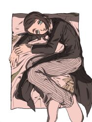 1boy :d alternate_hair_color aqua_eyes asymmetrical_bangs bed_sheet black_hair black_jacket border buttons coattails commentary_request enmu_(kimetsu_no_yaiba) fingernails full_body grey_pants highres jacket kimetsu_no_yaiba light_persona long_sleeves looking_at_viewer lying male_focus medium_hair multicolored_hair nib_pen_(object) on_bed on_side outside_border own_hands_together pants paper pen pinstripe_pants pinstripe_pattern shoes smile solo suit_jacket symbol-shaped_pupils tailcoat teeth trap tsubame_(lo_1101) undershirt upper_teeth_only variant_set white_border white_shoes 