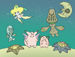  arcengaelle beheeyem black_sclera blush blush_stickers clefable clefairy closed_mouth colored_sclera commentary_request elgyem floating full_body jirachi lunatone lying on_back pokemon pokemon_(creature) pokemon_focus red_eyes smile star_(sky) starmie staryu trait_connection 