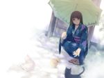  cat fog green_hair japanese_clothes kimono long_hair morifumi sandals smile squat squatting umbrella 