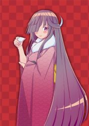  1girl black_hair blush_stickers checkered_background choko_(cup) commentary_request cup fur-trimmed_kimono fur_trim hair_over_one_eye hair_ribbon hayashimo_(kancolle) japanese_clothes kantai_collection kimono long_hair looking_at_viewer red_background red_eyes red_kimono ribbon solo syouuo very_long_hair 