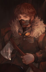  1boy axe black-framed_eyewear black_background black_pants brown_hair brown_jacket brown_mask commentary covered_mouth creepypasta english_commentary film_grain fur-trimmed_jacket fur_trim goggles goggles_around_neck grey_eyes highres holding holding_axe instagram_username jacket limmysky long_sleeves looking_at_viewer male_focus mask mouth_mask orange-tinted_eyewear pants puffy_long_sleeves puffy_sleeves short_hair simple_background striped_sleeves thick_eyebrows ticci_toby tinted_eyewear upper_body very_short_hair watermark 