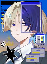  ! 1boy alternate_color alternate_costume black_jacket blazer blonde_hair blue_background blue_feathers blue_flower blue_necktie blunt_ends closed_mouth collared_shirt color_switch commentary_request contemporary earrings empty_eyes expressionless feather_earrings feathers flower genshin_impact gradient_background hair_color_switch hair_flower hair_ornament hairclip heart highres jacket jewelry korean_commentary lapels loading_icon looking_at_viewer male_focus multicolored_flower necktie palette_swap profile purple_hair scaramouche_(genshin_impact) school_uniform shirt sia37068010 solo star_(symbol) tsurime undershirt violet_eyes white_flower white_shirt window_(computing) wing_collar 