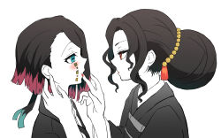  1boy 1girl applying_another's_makeup applying_lipstick applying_makeup asymmetrical_bangs black_hair black_jacket blue_eyes blush buttons closed_mouth colored_tips commentary_request curly_sidelocks demon_boy demon_girl enmu_(kimetsu_no_yaiba) face-to-face facial_mark finger_to_another's_mouth from_side gebet610 grey_kimono hair_ornament_request hairstyle_request hands_up hetero highres jacket japanese_clothes kibutsuji_muzan kibutsuji_muzan_(female) kimetsu_no_yaiba kimono lipstick long_sleeves looking_at_another makeup medium_hair multicolored_hair pale_skin parted_bangs portrait profile raised_eyebrows red_eyes simple_background smile suit_jacket symbol-shaped_pupils tears_facial_mark trap undershirt white_background 