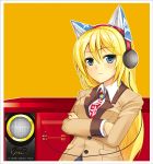  amp animal_ears bad_id blonde_hair blue_eyes cable cables char crossed_arms face headphones long_hair necktie 