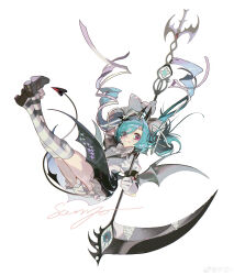  1girl absurdres acuteghost bat_hair_ornament black_horns black_skirt black_tail black_wings bloomers blue_hair bow bowtie brown_shoes closed_mouth commentary demon_girl demon_horns demon_tail demon_wings fang fang_out floating_hair full_body gloves grey_bow grey_bowtie grey_thighhighs hair_bow hair_intakes hair_ornament highres holding holding_scythe holding_weapon horns long_hair looking_at_viewer multicolored_thighhighs original pink_eyes puffy_short_sleeves puffy_sleeves sample_watermark scythe shirt shoes short_sleeves simple_background skirt smile solo striped_bow striped_bowtie striped_clothes striped_thighhighs symbol-only_commentary tail thigh-highs two-tone_bow two-tone_bowtie two-tone_thighhighs very_long_hair watermark weapon weibo_watermark white_background white_bloomers white_bow white_bowtie white_gloves white_shirt white_thighhighs wings x_hair_ornament 