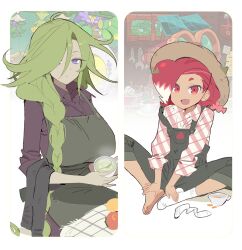  2girls age_difference ahoge ankle_socks apron bad_id bad_twitter_id black_overalls border braid braided_ponytail breasts brown_hat butterfly_sitting collared_shirt colored_tips commentary cookie_run cookie_run:_witch's_castle cowboy_shot cup expressionless fang flower food fruit full_body gradient_background green_apron green_hair hair_behind_ear hair_over_one_eye hands_on_own_feet hat highres holding holding_cup humanization indoors knees_out_of_frame large_breasts leaf long_hair long_sleeves looking_at_another looking_at_viewer low_twin_braids medium_hair multicolored_hair multiple_girls ohta_guk_hip one_eye_covered open_mouth outside_border overalls parted_lips plaid_clothes plaid_shirt purple_flower purple_shirt radish_cookie red_eyes red_hair red_shirt rosemary_cookie shirt siblings simple_background single_bare_foot single_braid single_sock sisters sitting socks steam symbol-only_commentary teacup three-quarter_sleeves tongue tsurime twin_braids two-tone_hair two-tone_shirt unworn_socks very_long_hair violet_eyes white_background white_border white_hair white_shirt white_socks window wrench 