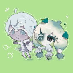  1boy 1girl @_@ ahoge black_choker blue_eyes blush choker colored_eyelashes colored_skin commentary cookie_run cookie_run:_kingdom cuffs english_commentary fuusha11 gradient_hair green_background highres long_hair multicolored_hair pom_pom_dough_cookie shackles silverbell_cookie torn_clothes twintails white_background white_eyelashes white_hair white_skin wings 