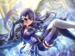  1girl armor asymmetrical_clothes black_thighhighs cape closed_mouth corset death_(tarot) eyepatch game_cg gloves legwear_garter looking_at_viewer midair official_art one_eye_covered outstretched_arm pants purple_cape purple_corset purple_gloves purple_hair purple_pants purple_thighhighs shoujo_kageki_revue_starlight shoujo_kageki_revue_starlight_-re_live- shoulder_armor single_pantsleg solo tarot thigh-highs tomoe_tamao violet_eyes 