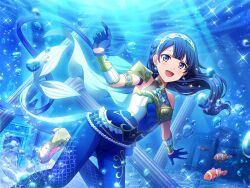  1girl air_bubble armor blue_gloves blue_hair blue_pants bracer braid bubble cape fake_tail fins fish fish_tail game_cg gloves half_gloves headpiece jewelry long_hair looking_at_viewer official_art open_mouth pants pillar pisces_(zodiac) shoes shoujo_kageki_revue_starlight shoujo_kageki_revue_starlight_-re_live- shoulder_armor side_braid solo tail tomoe_tamao underwear violet_eyes white_cape white_shoes zodiac 