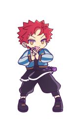  1boy :d antenna_hair beads black_kimono black_nails black_pants black_shoes blue_jacket capri_pants choppy_bangs commentary ear_piercing english_commentary eyeshadow fang full_body harai_kuko harem_pants highres hypnosis_mic jacket jacket_over_kimono japanese_clothes jewelry juban kermitrolling kimono legs_apart looking_at_viewer makeup male_focus multicolored_jacket multiple_piercings multiple_rings open_clothes open_jacket own_hands_together palms_together pants parody piercing pinky_ring plug_(piercing) prayer_beads puyopuyo red_eyeshadow red_hair ring shoes short_hair sideways_glance silver_ring simple_background smile solo spiky_hair standing style_parody sukajan takenami_hideyuki_(style) two-tone_jacket v-shaped_eyes very_short_hair white_background white_jacket yellow_eyes 