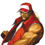  baseball_cap blonde_hair blue_eyes fatal_fury fingerless_gloves gloves hat hat_over_one_eye highres king_of_fighters male muscle nona official_art ponytail sleeveless snk solo svc_chaos terry_bogard vest 