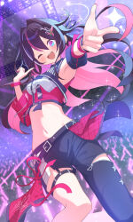  1girl absurdres armpits asymmetrical_pants azki_(hololive) belt black_belt black_hair colored_inner_hair commentary_request glowstick highres hololive hololive_idol_uniform_(color_rise) long_hair midriff mille multicolored_hair navel one_eye_closed pink_hair pointing pointing_at_viewer red_nails signature sweat violet_eyes wristband 