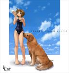  barefoot dog food ice_cream legs mizugi murasaki_nyaa one-piece_swimsuit original school_swimsuit single_vertical_stripe sky swimsuit 