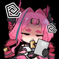  1girl acomu414 animated animated_gif arknights arknights:_endfield bags_under_eyes black_gloves black_horns blue_hair can chibi closed_mouth commentary_request constricted_pupils dragon_girl dragon_horns drill_hair drinking drinking_straw gloves hair_intakes holding horns jacket korean_commentary multicolored_hair multicolored_horns pink_gloves pink_hair pink_horns pink_jacket simple_background sleepy solo streaked_hair thick_eyebrows transparent_background twin_drills twintails two-sided_gloves two-tone_hair two-tone_horns upper_body yvonne_(arknights) 