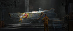  2others absurdres aircraft airplane commentary engine felixriano flamingo_print from_behind garage highres indoors jumpsuit light_rays multiple_others orange_jumpsuit original painterly scenery science_fiction shirt spacecraft stairs t-shirt white_shirt wire 