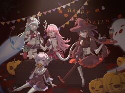  4girls :d :p asymmetrical_legwear belt blue_eyes blue_hair boo_tao_(genshin_impact) brown_dress brown_hair brown_thighhighs candy closed_mouth coffin dress food full_body genshin_impact ghost halloween halloween_costume happy_halloween hat highres holding holding_food holding_tray honkai_(series) honkai_impact_3rd horns hu_tao_(genshin_impact) liliya_olenyeva liliya_olenyeva_(shelley's_beastliya) lollipop looking_at_viewer mihoyo mismatched_legwear multiple_girls nene_chiru open_mouth pumpkin purple_hair qiqi_(genshin_impact) red_eyes rozaliya_olenyeva rozaliya_olenyeva_(gothic_rozamary) shorts siblings single_horn smile tail thigh-highs tongue tongue_out tray twins violet_eyes white_thighhighs witch witch_hat 