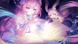  bare_shoulders book chinese_commentary closed_mouth commentary_request cyrene_(demiurge)_(honkai:_star_rail) cyrene_(honkai:_star_rail) cyrene_(philia093)_(honkai:_star_rail) diamond-shaped_pupils diamond_(shape) dress flower gradient_hair hair_flower hair_ornament highres honkai:_star_rail honkai_(series) long_hair looking_at_another mem_(honkai:_star_rail) multicolored_hair open_book pink_hair pointy_ears smile star-shaped_pupils star_(symbol) symbol-shaped_pupils white_dress yushi_yels 