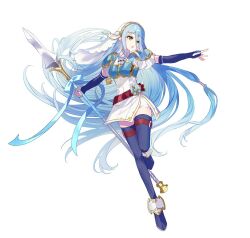  1girl armor azura_(fire_emblem) azura_(lady_of_the_sky)_(fire_emblem) blue_boots blue_gloves blue_hair blush boots breastplate breasts dress elbow_gloves fighting_stance fingerless_gloves fire_emblem fire_emblem_fates fire_emblem_heroes full_body gloves hair_between_eyes holding holding_polearm holding_weapon lance long_hair looking_at_viewer official_alternate_costume official_art open_mouth polearm saine short_sleeves shoulder_armor simple_background solo thigh_boots thigh_strap third-party_source veil very_long_hair weapon white_background white_dress yellow_eyes 